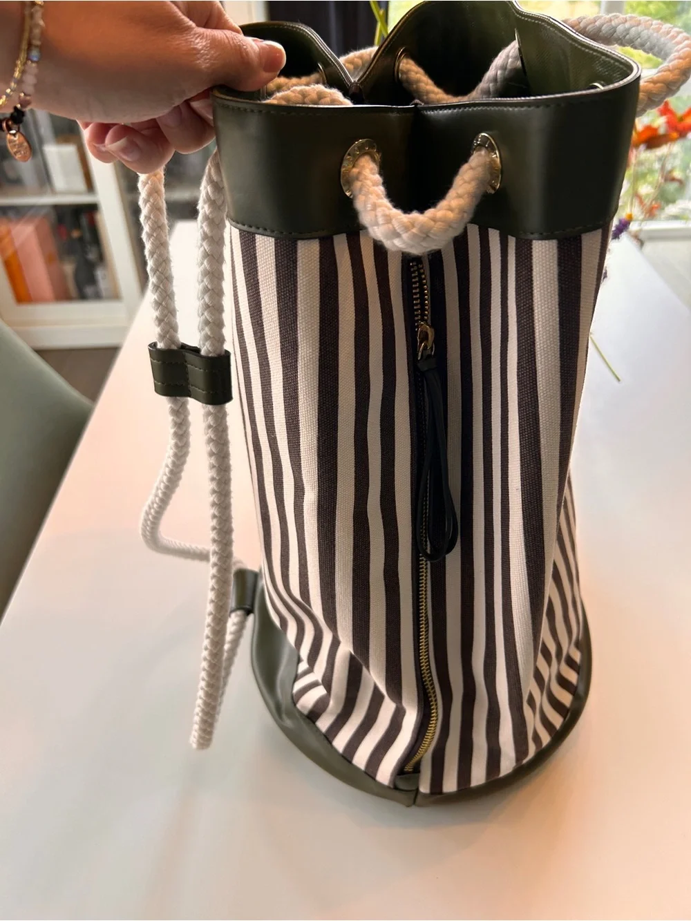 henri bendel Brown and White Striped Duffel with Rope Handles